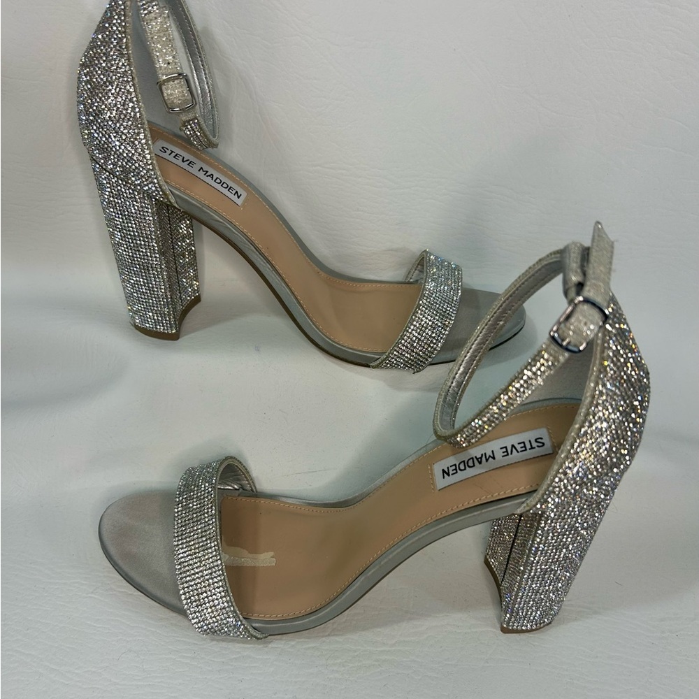 Steve Madden Carrson Crystal Covered Block Heel Sandals – Silver | 4” Heel